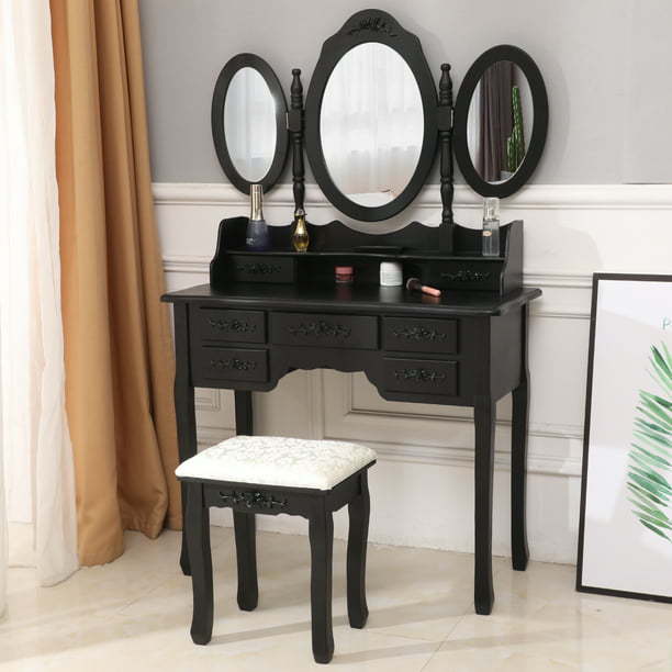 Vanity Makeup Dressing Table Set Folding Mirror Desk Dresser W/Stool Wood Black